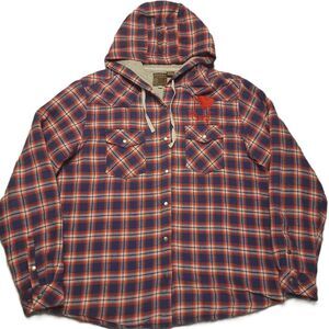 Roper Mens XL Flannel Jacket Hooded Snap Up Plaid Lined Shacket "I Heart Beef"